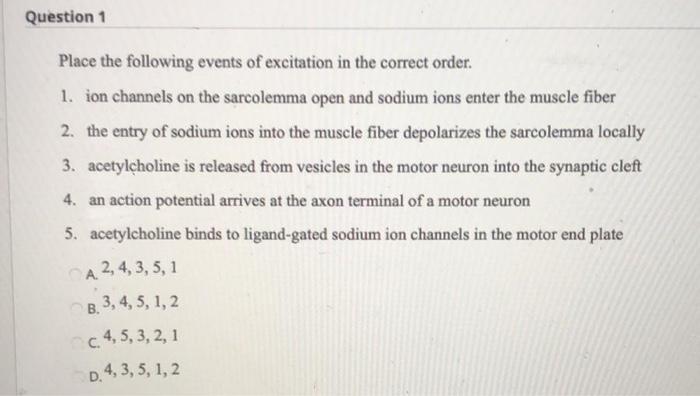 Place the following events of excitation in the correct order