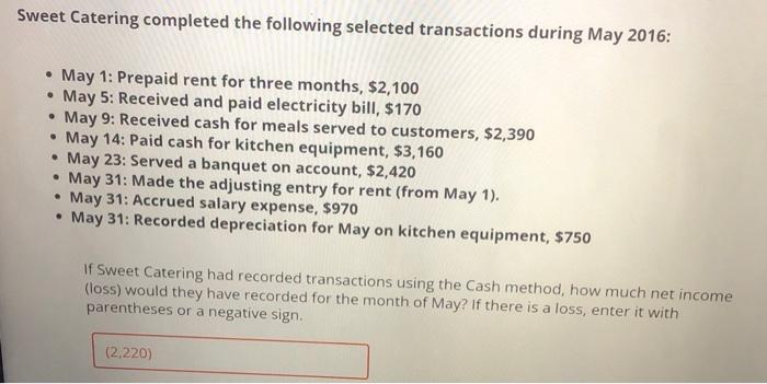 Catering sweet completed selected following may transactions rent prepaid solved recorded cash if loss served paid received equipment kitchen had